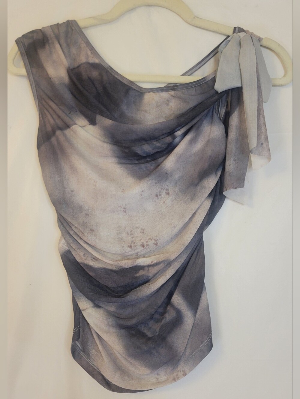 Asymmetrical Tie-Shoulder Draped Blouse in Gray Watercolor